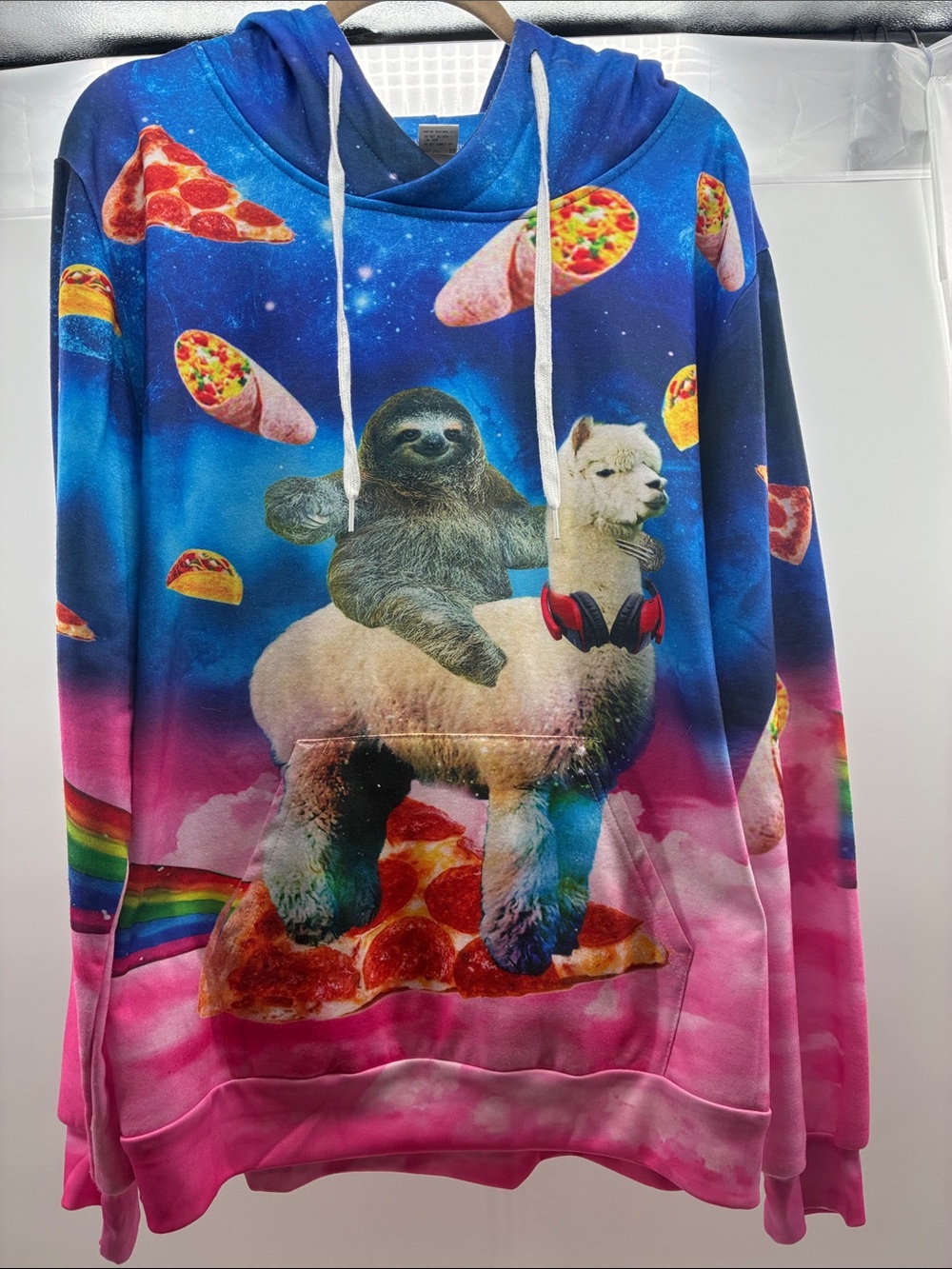 Kids Pajamas Hooded Pullover - Blue & Pink Sloth on Llama Print